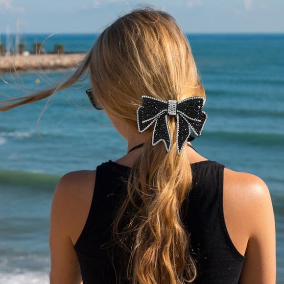 Pearl Fabric Crystal Hair Clips 2pcs Black Bows Kids Girls Gift